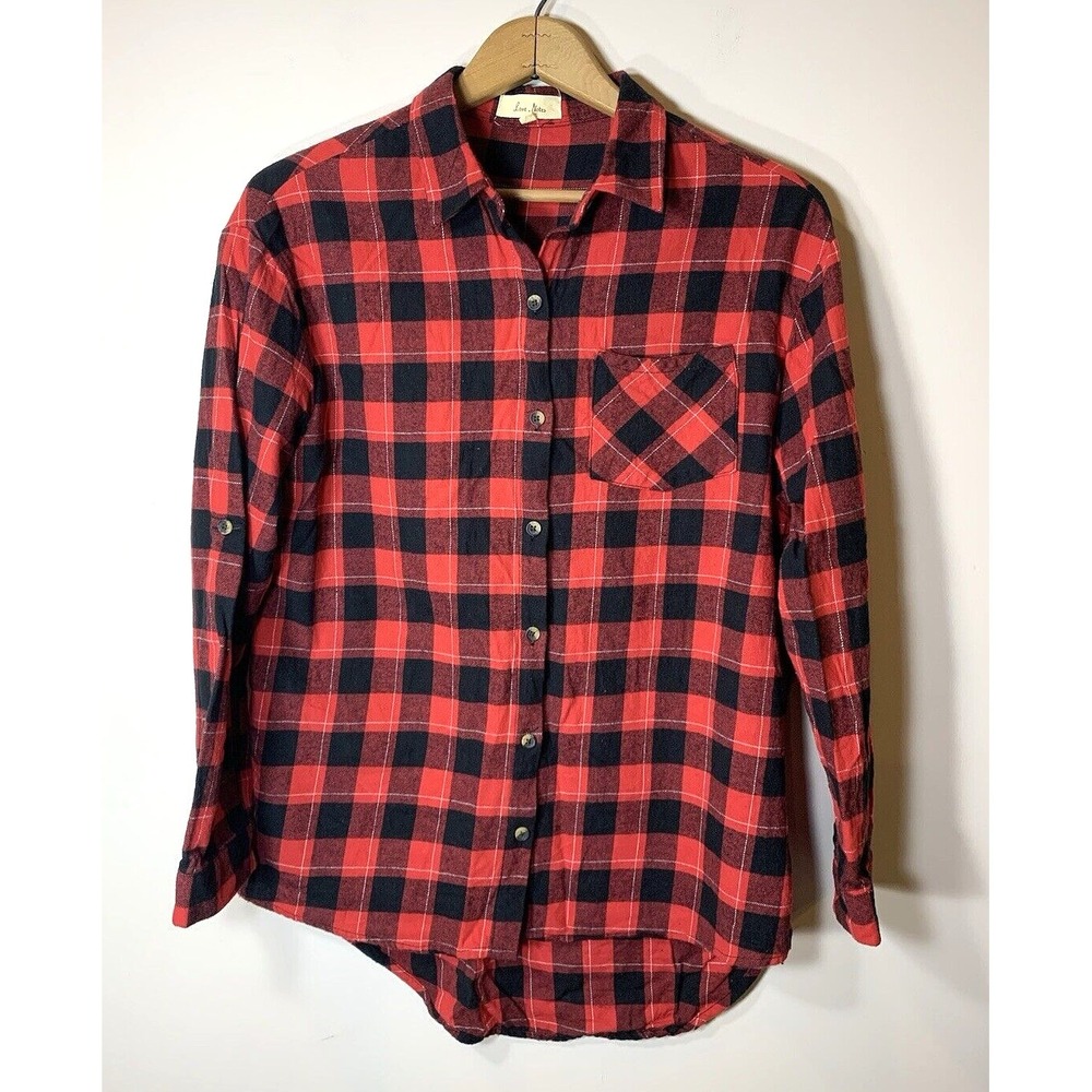 Love‎ Notes Flannel Shirt Womens Small Red Black Plaid 100% Cotton Button Up